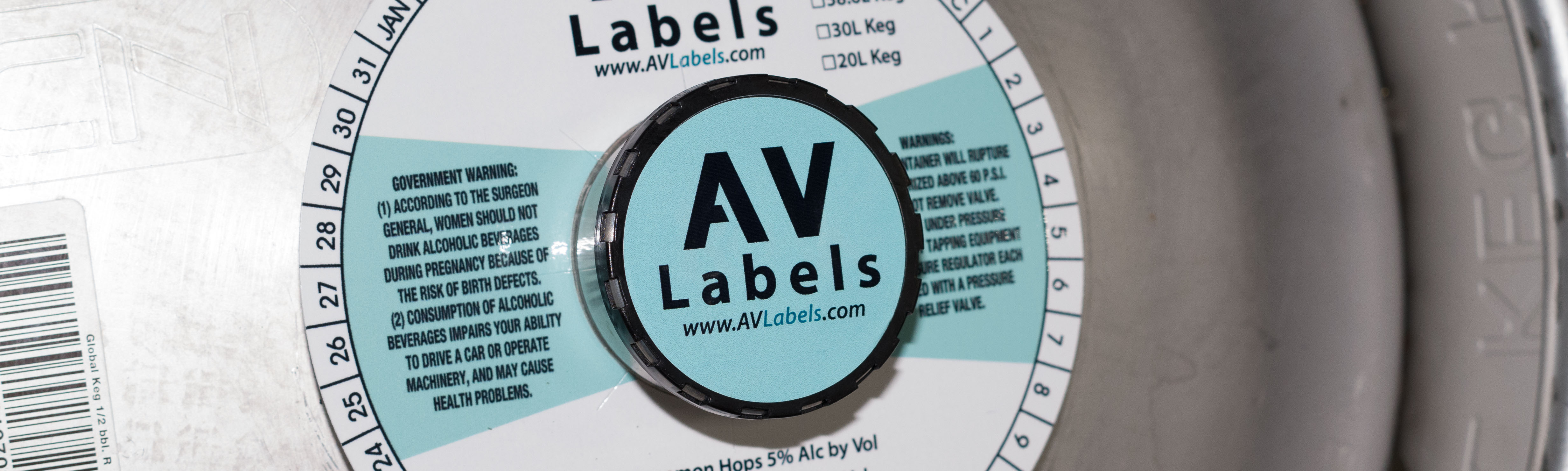 picture of a keg with keg collar, keg label and other branding